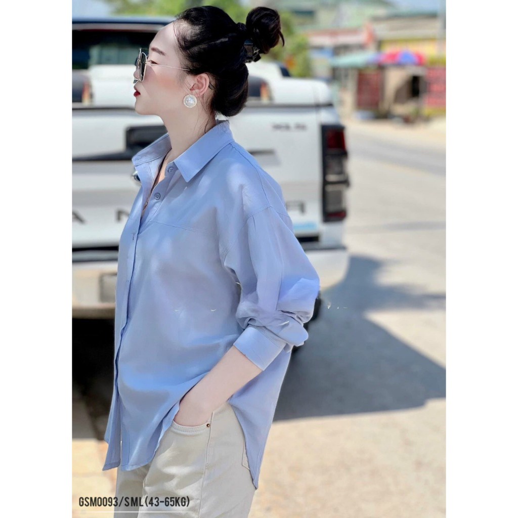 Áo sơ mi nữ ANZI dài tay form rộng màu trắng và xanh GSM0093