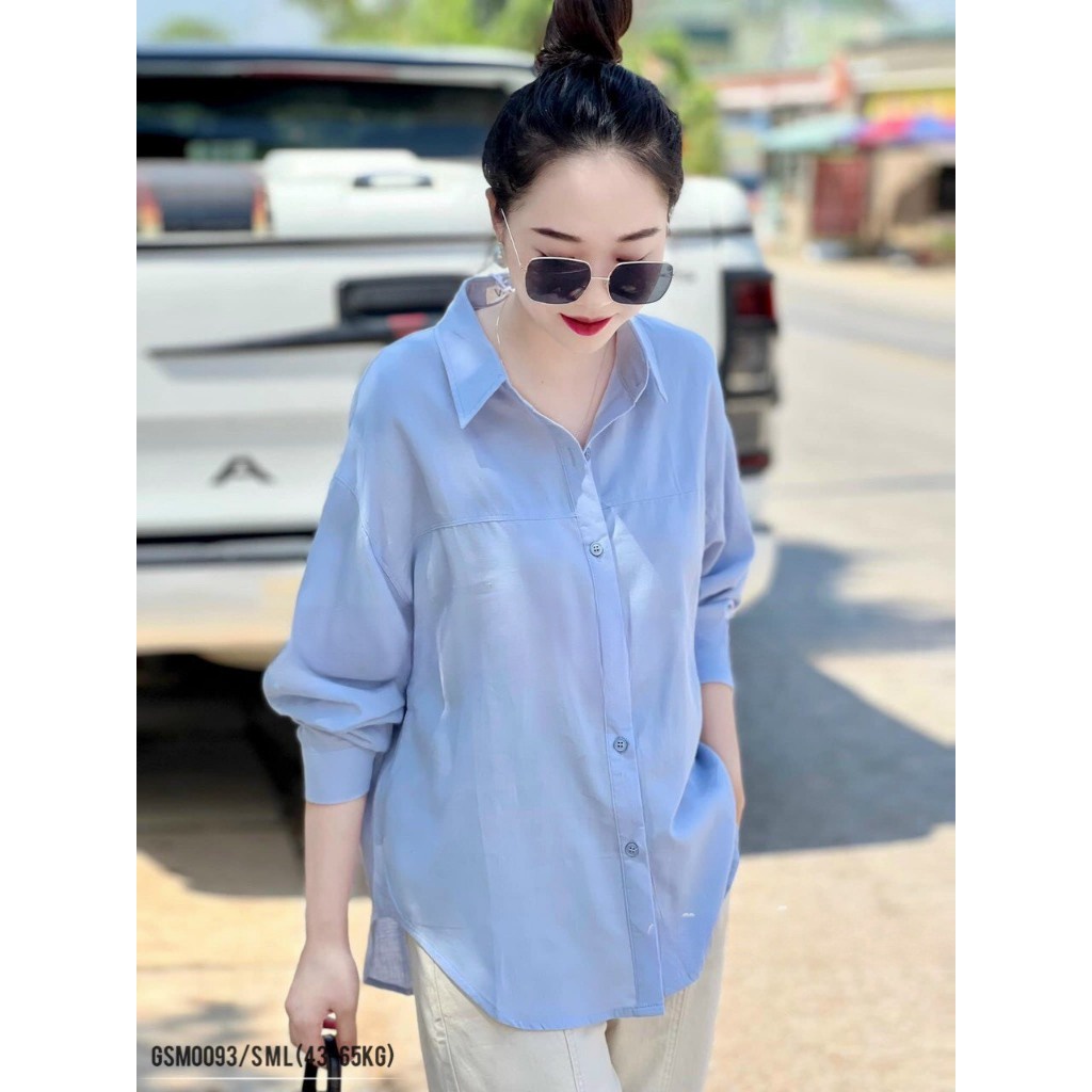 Áo sơ mi nữ ANZI dài tay form rộng màu trắng và xanh GSM0093