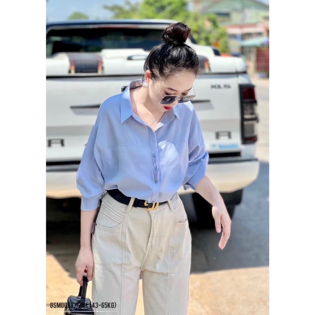 Áo sơ mi nữ ANZI dài tay form rộng màu trắng và xanh GSM0093