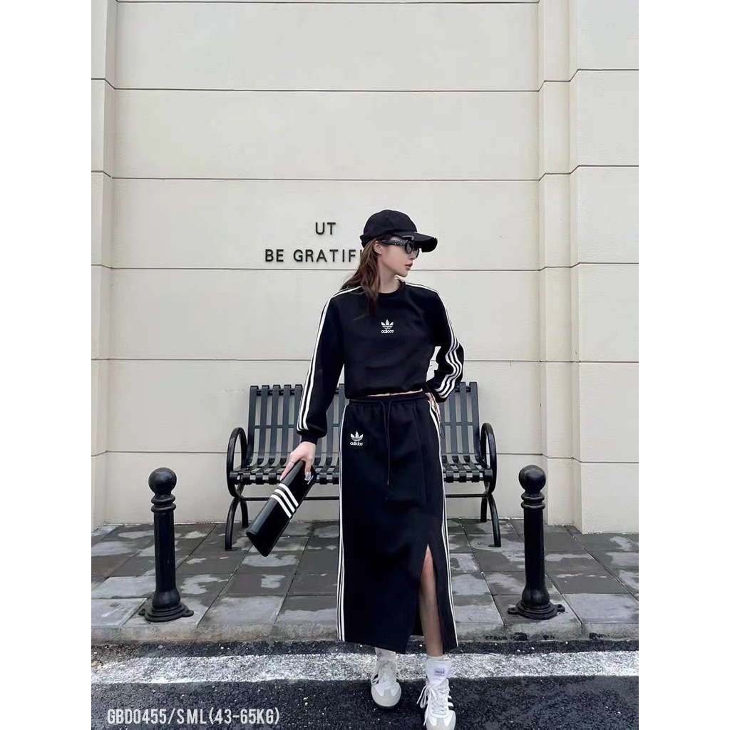 Set chân váy dài áo rút dây nữ ANZI áo dài tay ADIDAS croptop chân váy xẻ GBD0455