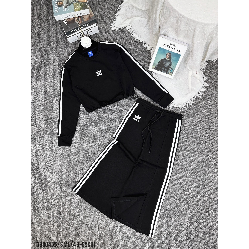 Set chân váy dài áo rút dây nữ ANZI áo dài tay ADIDAS croptop chân váy xẻ GBD0455