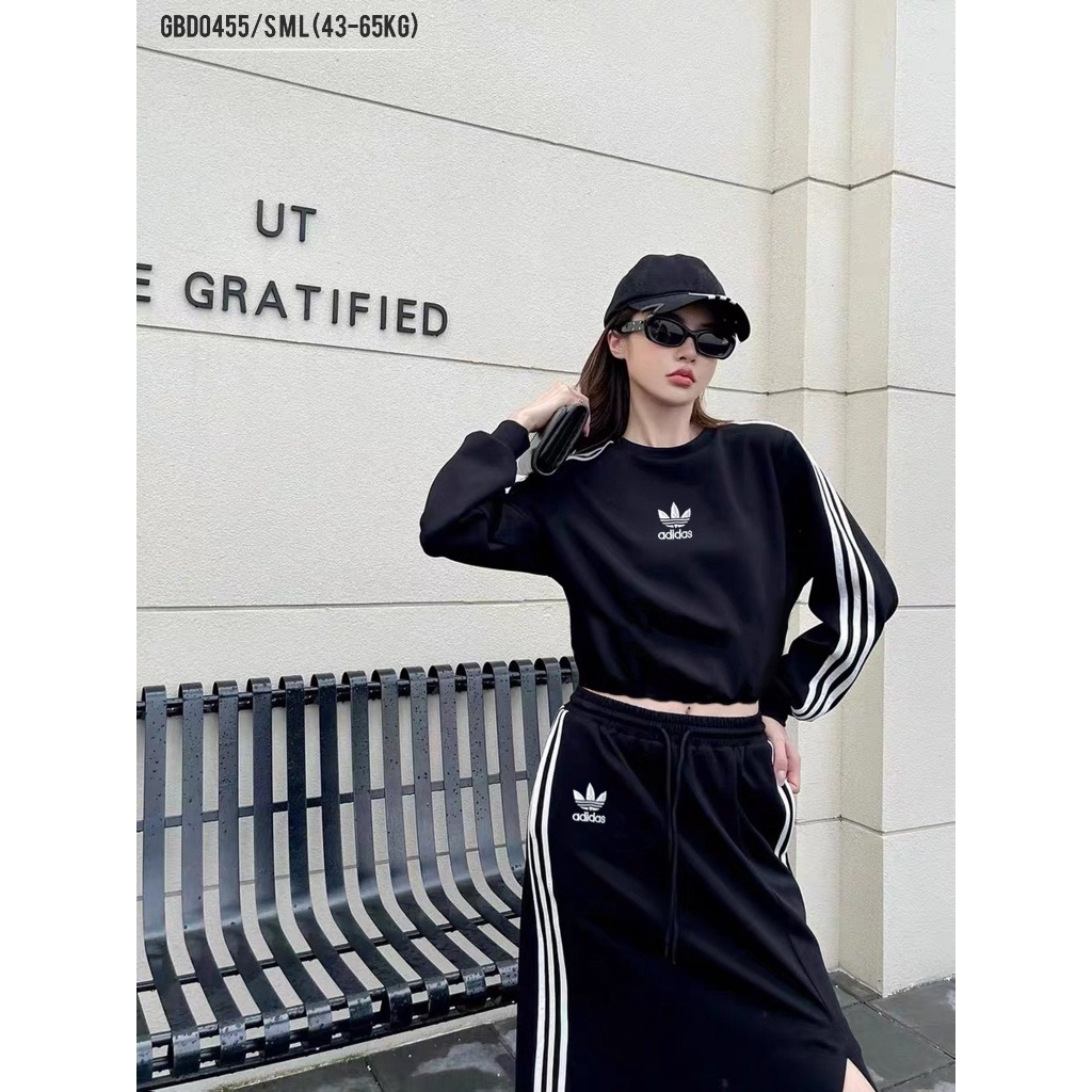 Set chân váy dài áo rút dây nữ ANZI áo dài tay ADIDAS croptop chân váy xẻ GBD0455