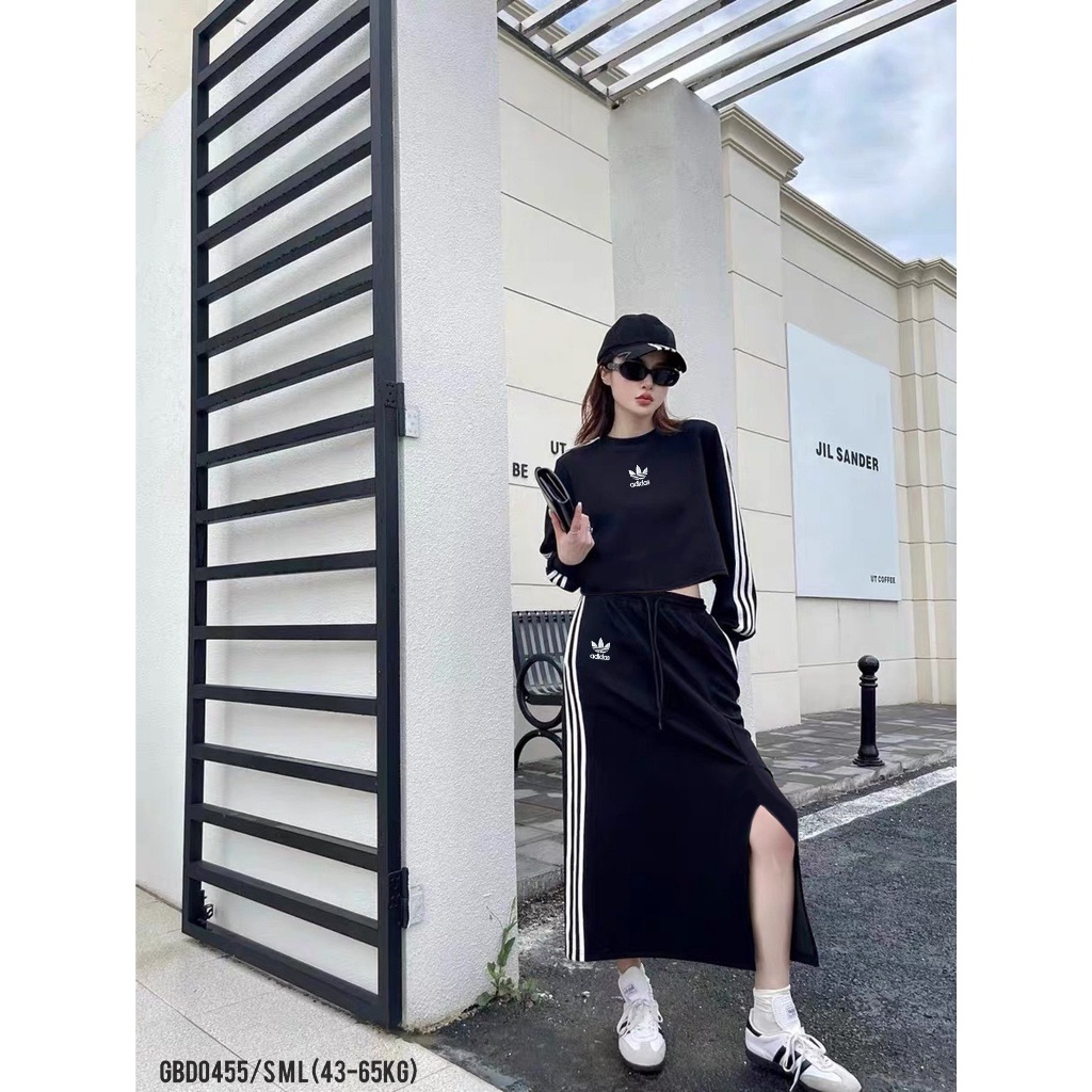 Set chân váy dài áo rút dây nữ ANZI áo dài tay ADIDAS croptop chân váy xẻ GBD0455