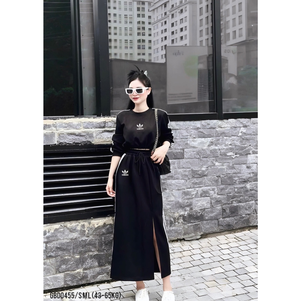 Set chân váy dài áo rút dây nữ ANZI áo dài tay ADIDAS croptop chân váy xẻ GBD0455
