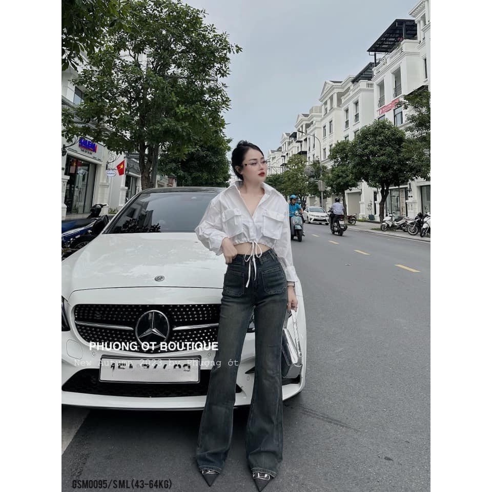Áo sơ mi croptop ANZI dây rút túi hộp dài tay GSM0095