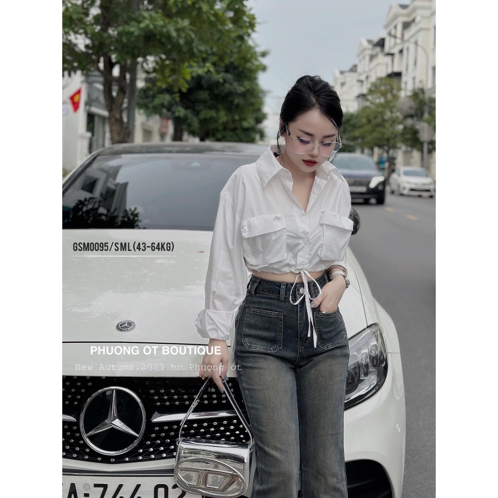 Áo sơ mi croptop ANZI dây rút túi hộp dài tay GSM0095