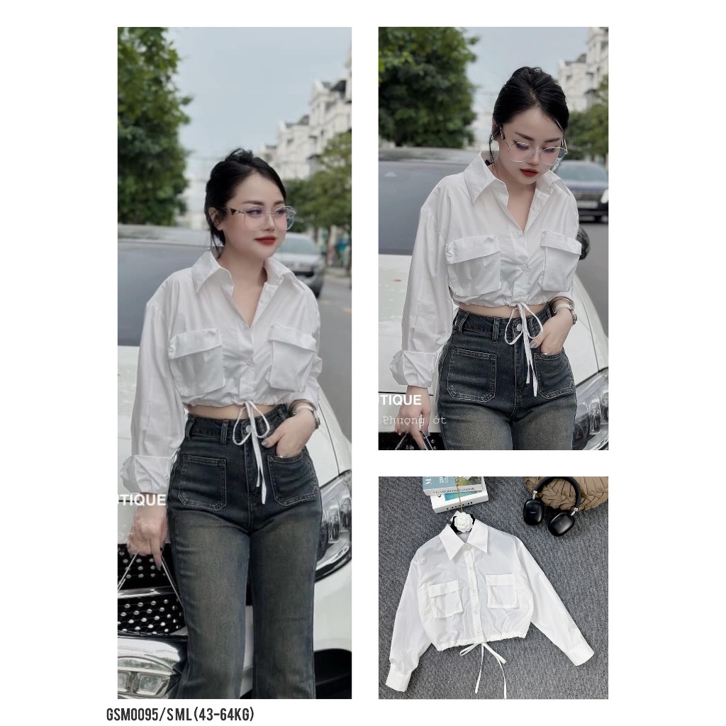 Áo sơ mi croptop ANZI dây rút túi hộp dài tay GSM0095