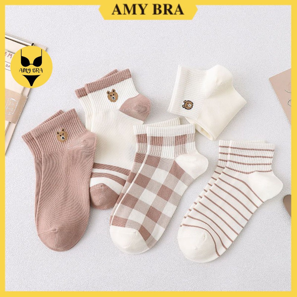 Combo 5 Đôi Tất Nữ Cổ Ngắn Cotton Kháng Khuẩn Mềm Mại - Vớ Nữ Họa Tiết Hàn Quốc Dễ Thương AMYBRA T542