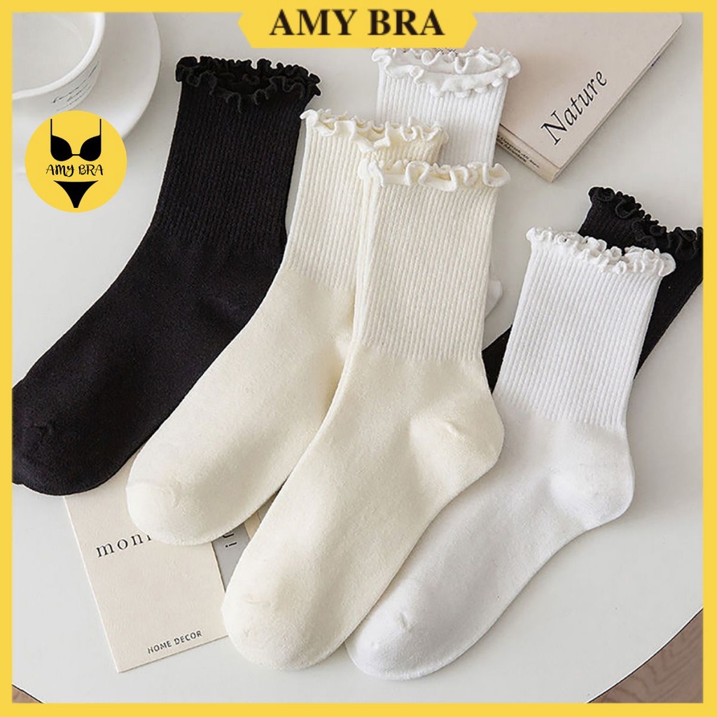 Tất Cổ Cao Nữ Trơn Cotton Gân Tăm - Vớ Nữ Viền Lượn Sóng Tiểu Thư Nhẹ Nhàng Dễ Thương AMYBRA T23