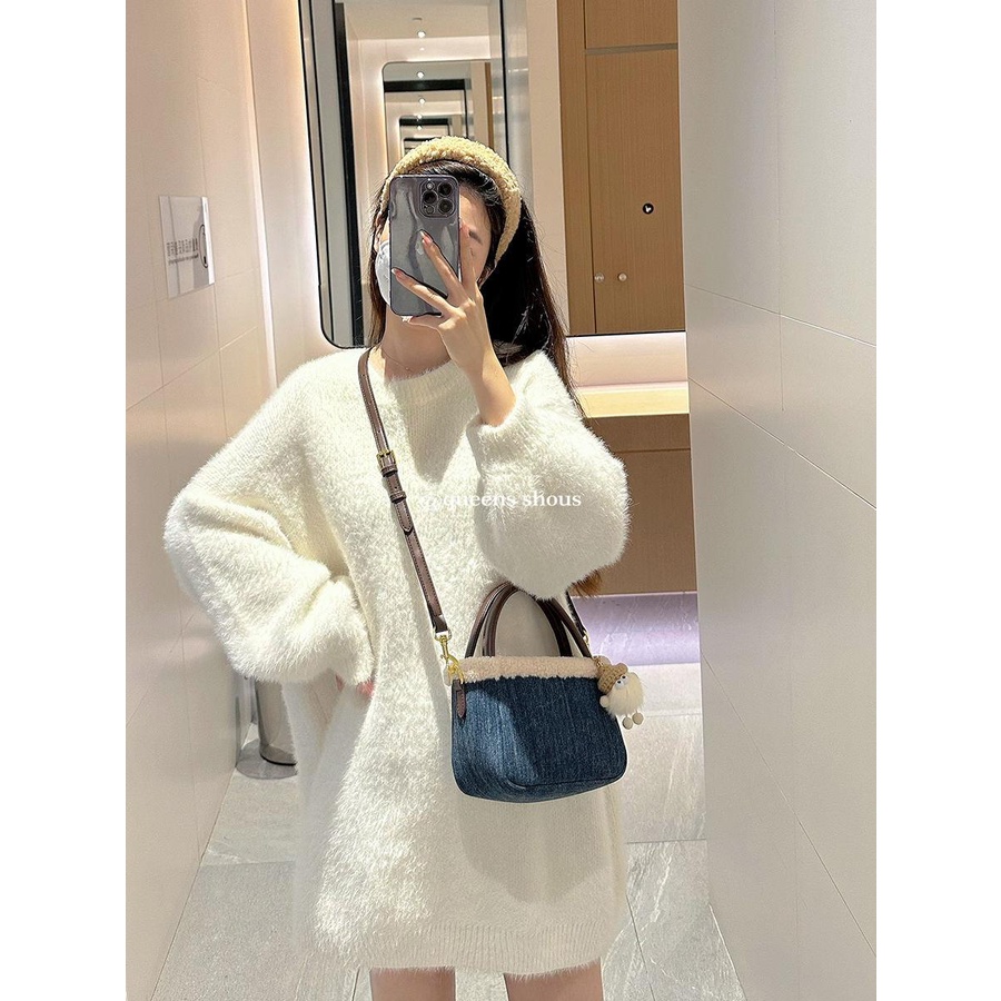 Túi Xách denim Phối Lông Nhung Thời Trang Thu Đông 2023 Phong Cách Mới