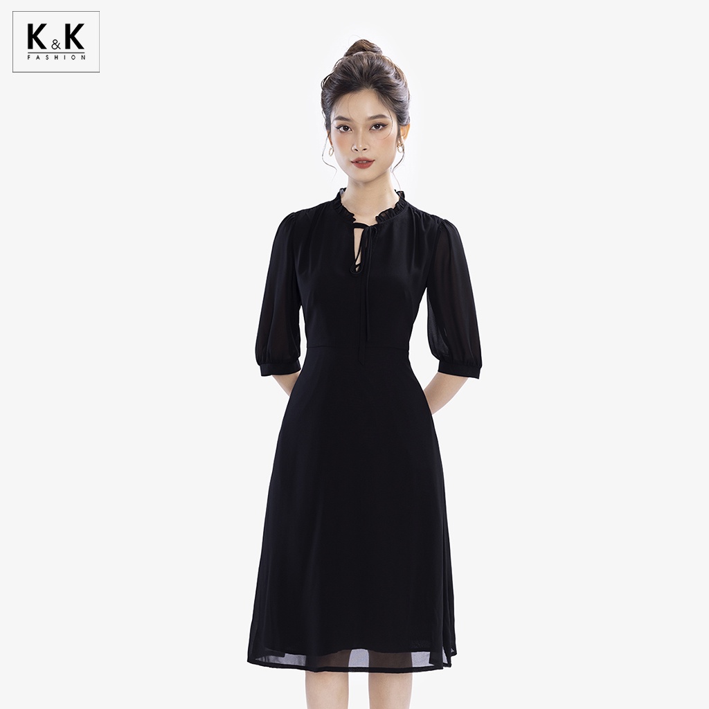 Đầm đen công sở dáng xòe tay lỡ cổ phối nơ K&K Fashion KK165-05 Chất liệu Chiffon