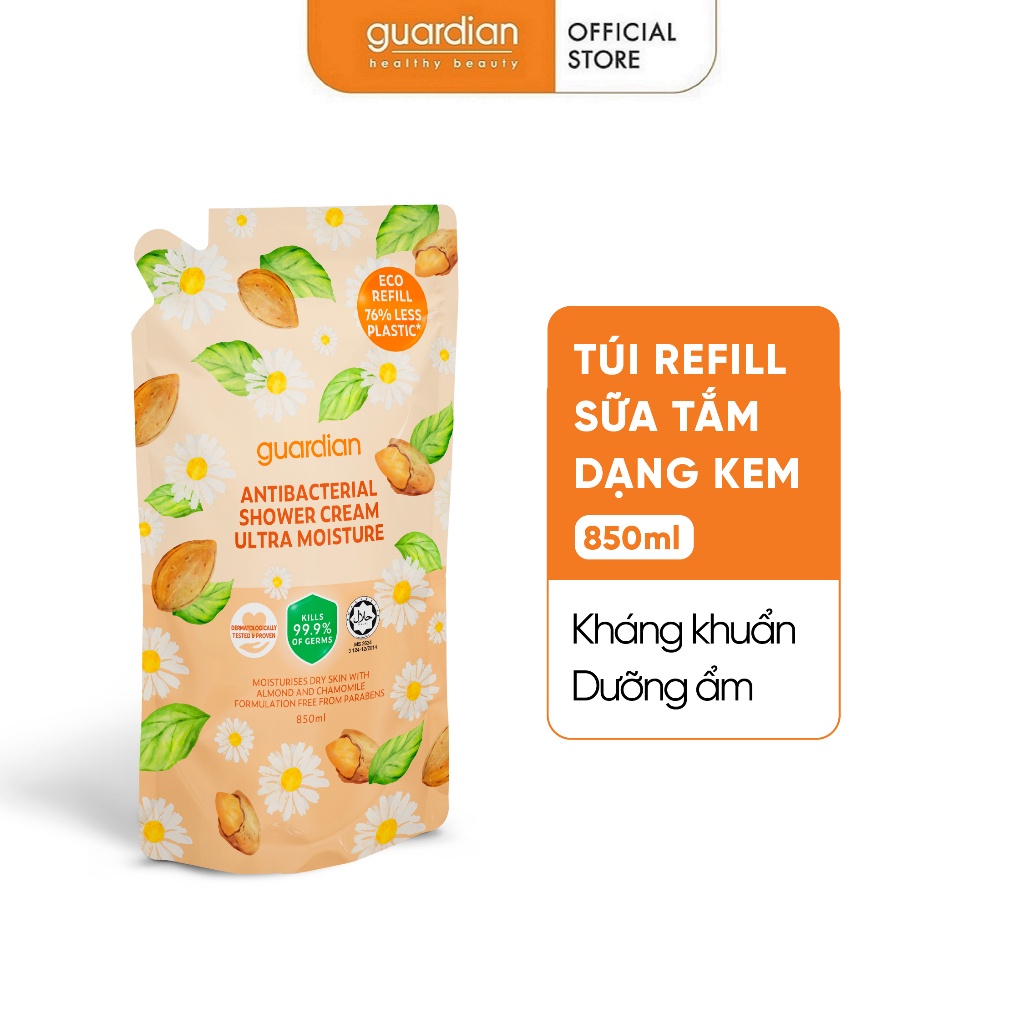 Túi Refill Sữa Tắm Dạng Kem Sạch Khuẩn Guardian Antibacterial Shower Cream Ultra Moisture Dưỡng Ẩm 850ml