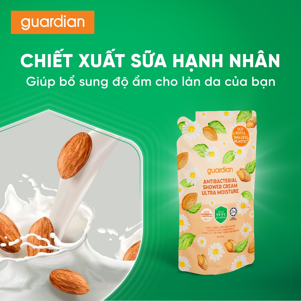Túi Refill Sữa Tắm Dạng Kem Sạch Khuẩn Guardian Antibacterial Shower Cream Ultra Moisture Dưỡng Ẩm 850ml