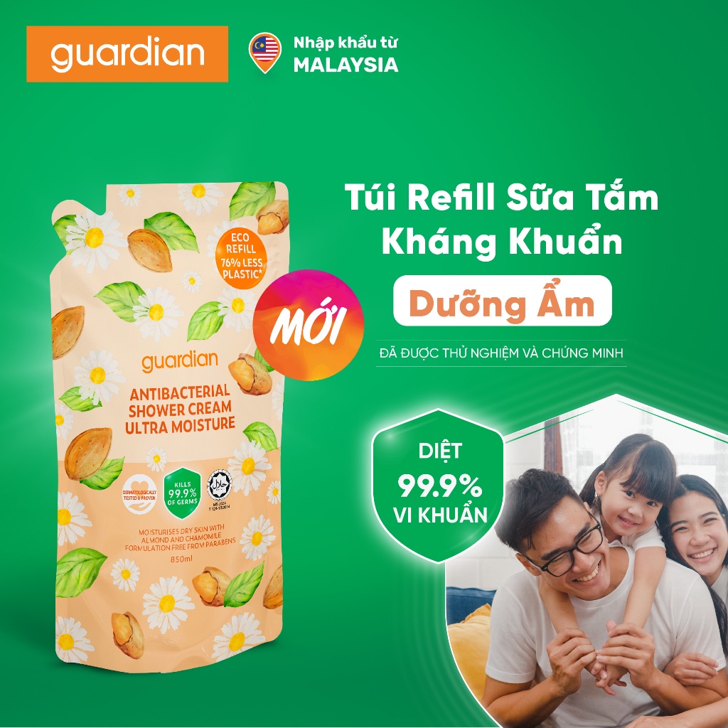 Túi Refill Sữa Tắm Dạng Kem Sạch Khuẩn Guardian Antibacterial Shower Cream Ultra Moisture Dưỡng Ẩm 850ml