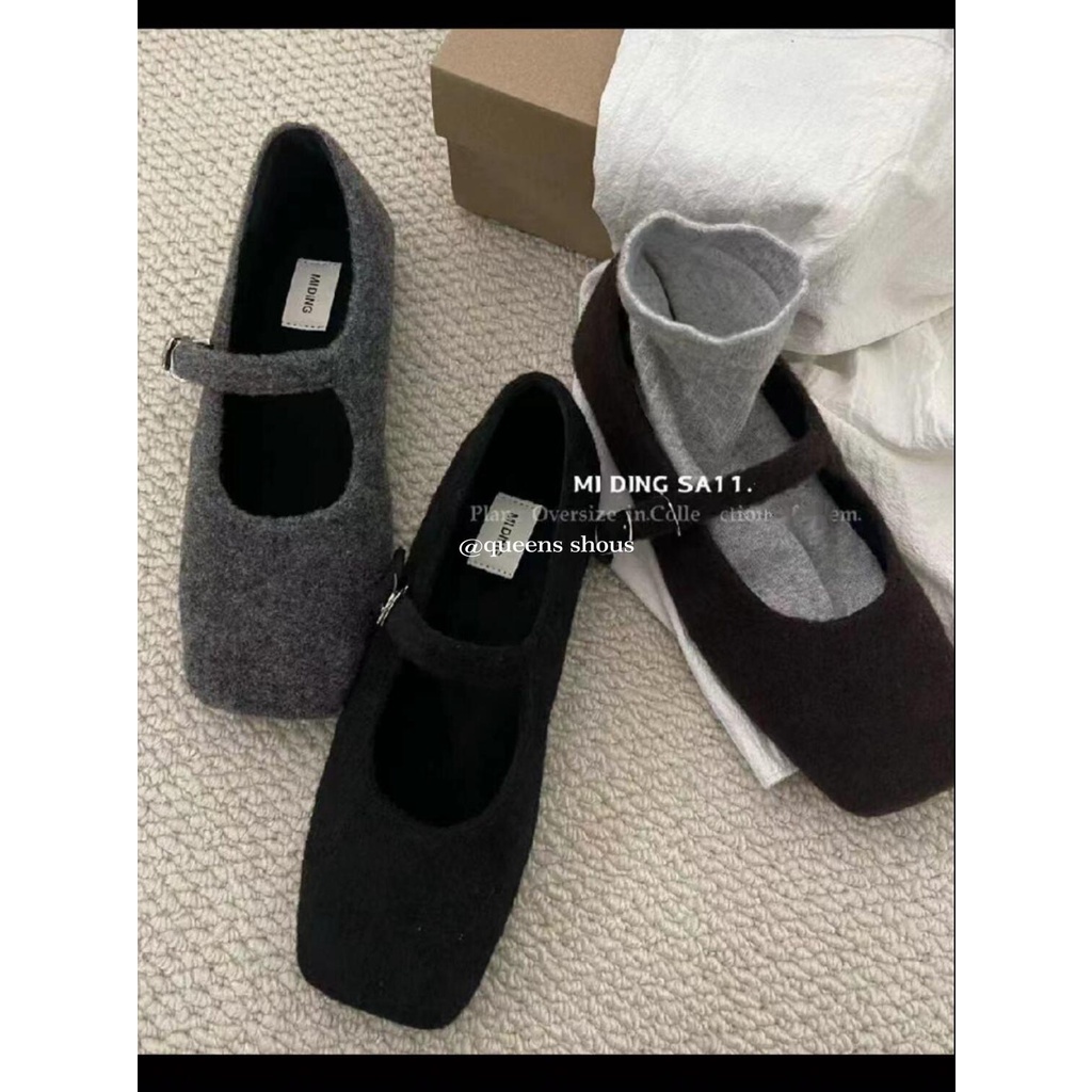 Giày Búp Bê Mũi Vuông Đế Bằng Phối Khóa Len Phong Cách dongdaemun Thời Trang Hàn Quốc 2023 Mới
