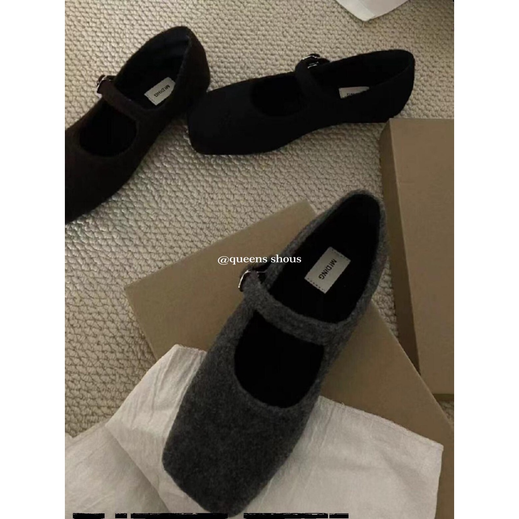 Giày Búp Bê Mũi Vuông Đế Bằng Phối Khóa Len Phong Cách dongdaemun Thời Trang Hàn Quốc 2023 Mới