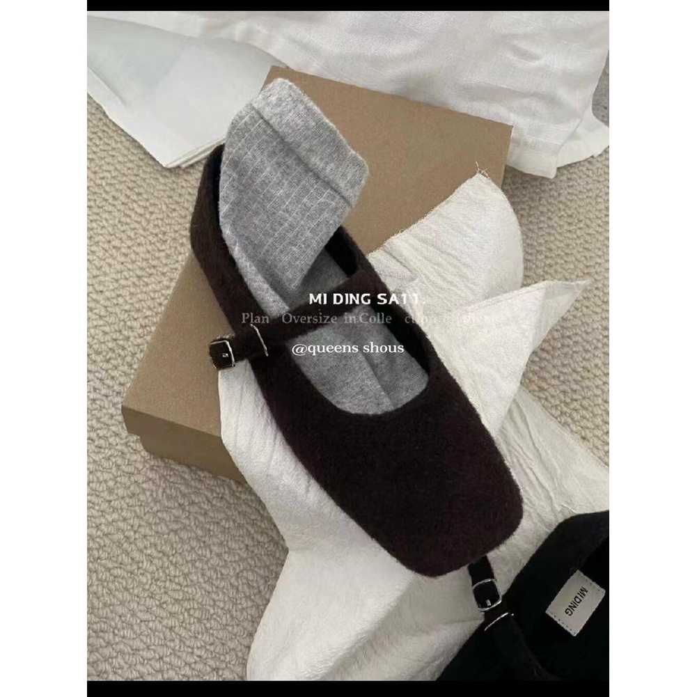 Giày Búp Bê Mũi Vuông Đế Bằng Phối Khóa Len Phong Cách dongdaemun Thời Trang Hàn Quốc 2023 Mới