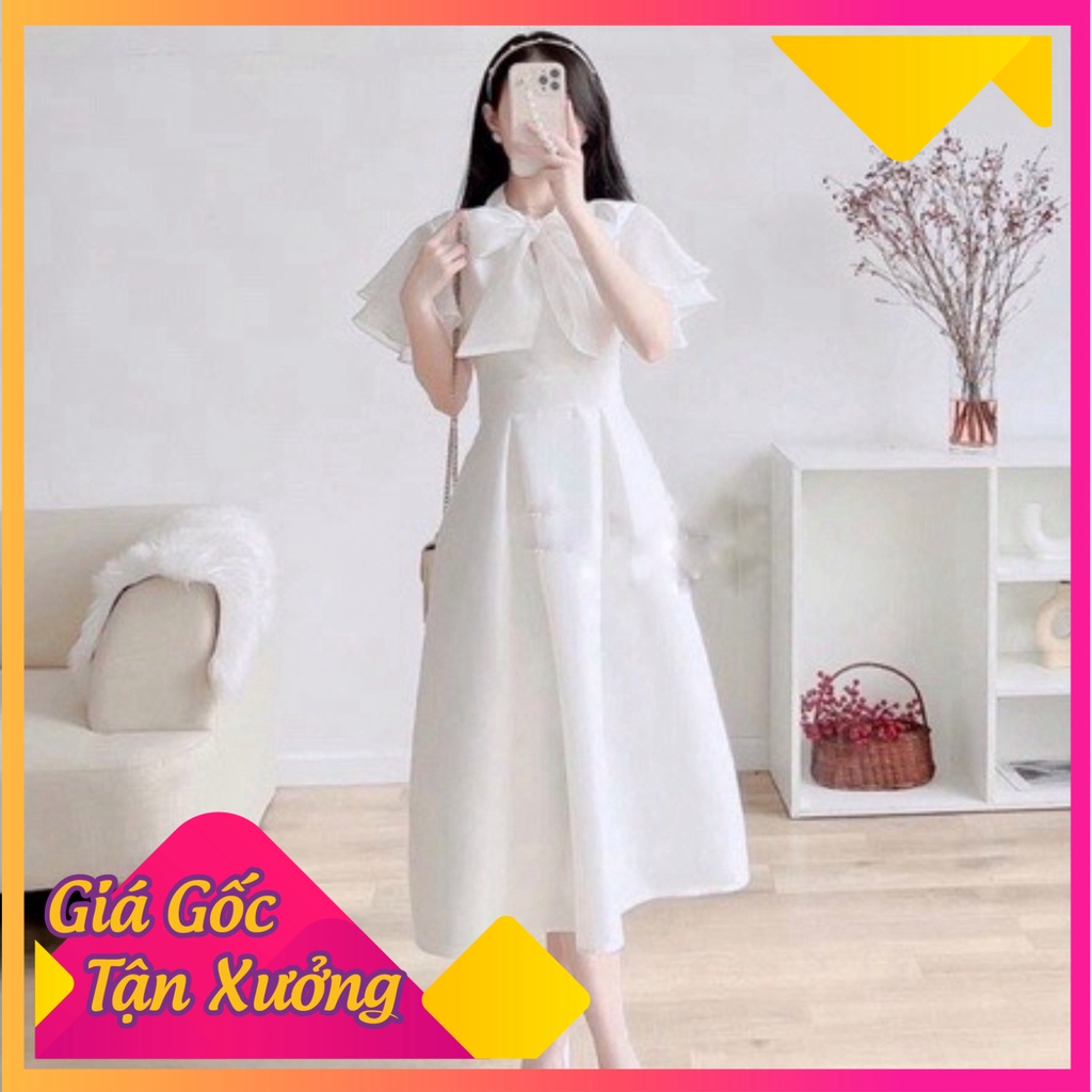 Đầm Dáng Dài Công Chúa Nơ Cổ 2 lớp Tay Bánh Bèo Màu Trắng, Váy Thiết Kế Dự Tiệc Tiểu Thư