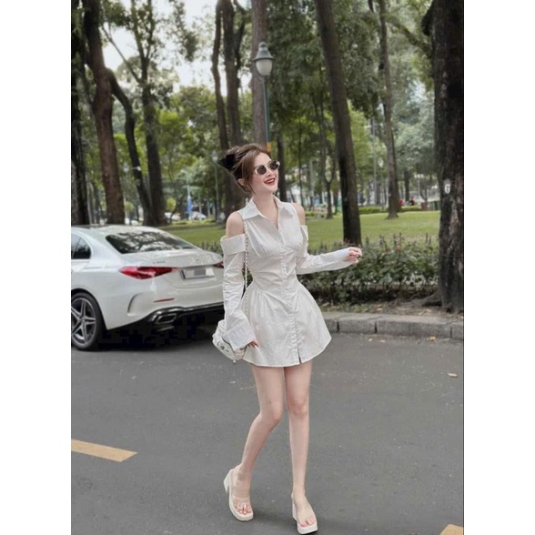 Áo sơ mi kiểu thời trang nữ hở vai tay dài có kèm quần chất lụa