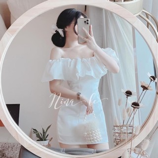 Đầm Nữ ôm body - TT 01 đầm XANH Viền Bèo Trắng- Thiết Kế Siêu Xinh