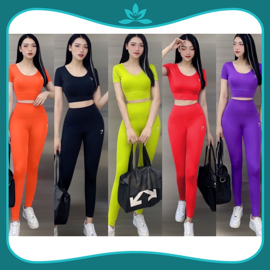 Bộ tập gym yoga aerobic nữ, bộ tập thể thao nữ chất đẹp áo croptop cộc tay dây chéo hở lưng quần legging dài