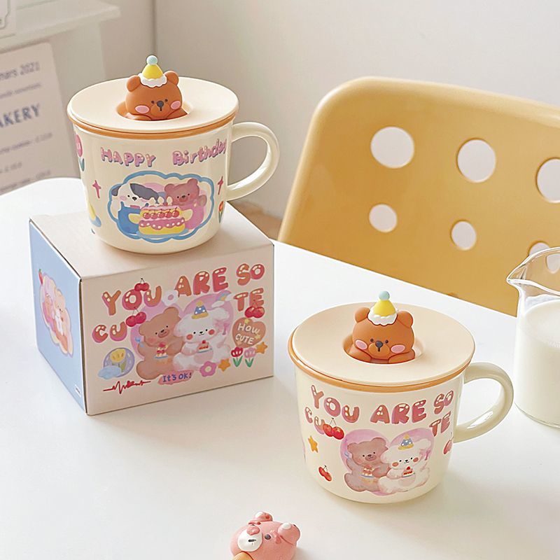 Dễ Thương Cốc Uống Nước Bằng Sứ Có Nắp Đậy In Hoạt Hình Kiểu Nhật Bản