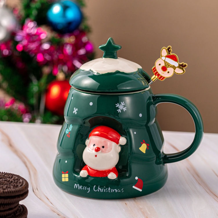 Cốc Sứ In Hình Ông Già Noel Hoạt Hình Kèm Nắp Và Muỗng Tiện Dụng