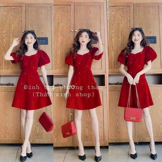 Đầm thời trang nữ mặc đi chơi tết chất UMI cổ vuông tim tay ngắn búp phồng đính cườm váy xòe mini màu đỏ