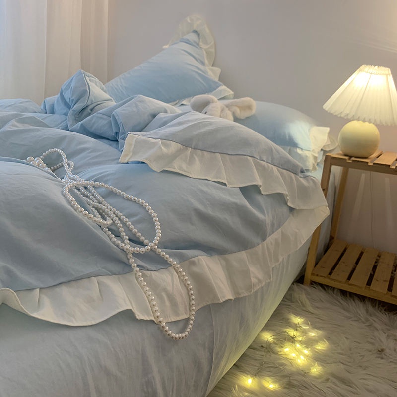 Ins Girlyy Bộ Chăn Ga Và Vỏ Gối cotton Màu Trắng Trái Tim Công Chúa feng Có Thể Giặt Được Cho Ký Túc Xá