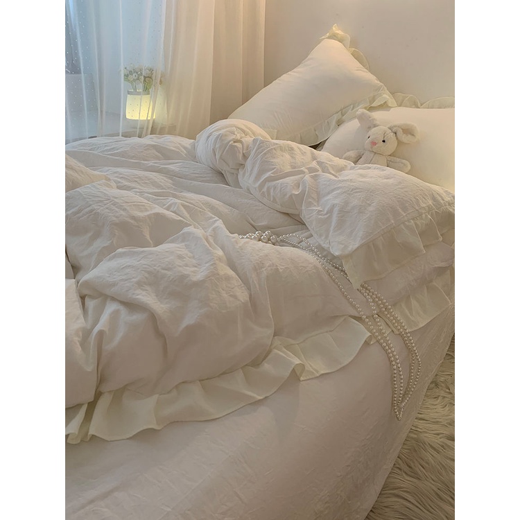 Ins Girlyy Bộ Chăn Ga Và Vỏ Gối cotton Màu Trắng Trái Tim Công Chúa feng Có Thể Giặt Được Cho Ký Túc Xá