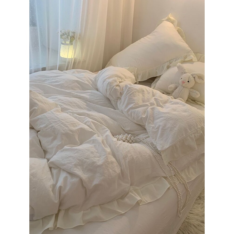 Ins Girlyy Bộ Chăn Ga Và Vỏ Gối cotton Màu Trắng Trái Tim Công Chúa feng Có Thể Giặt Được Cho Ký Túc Xá