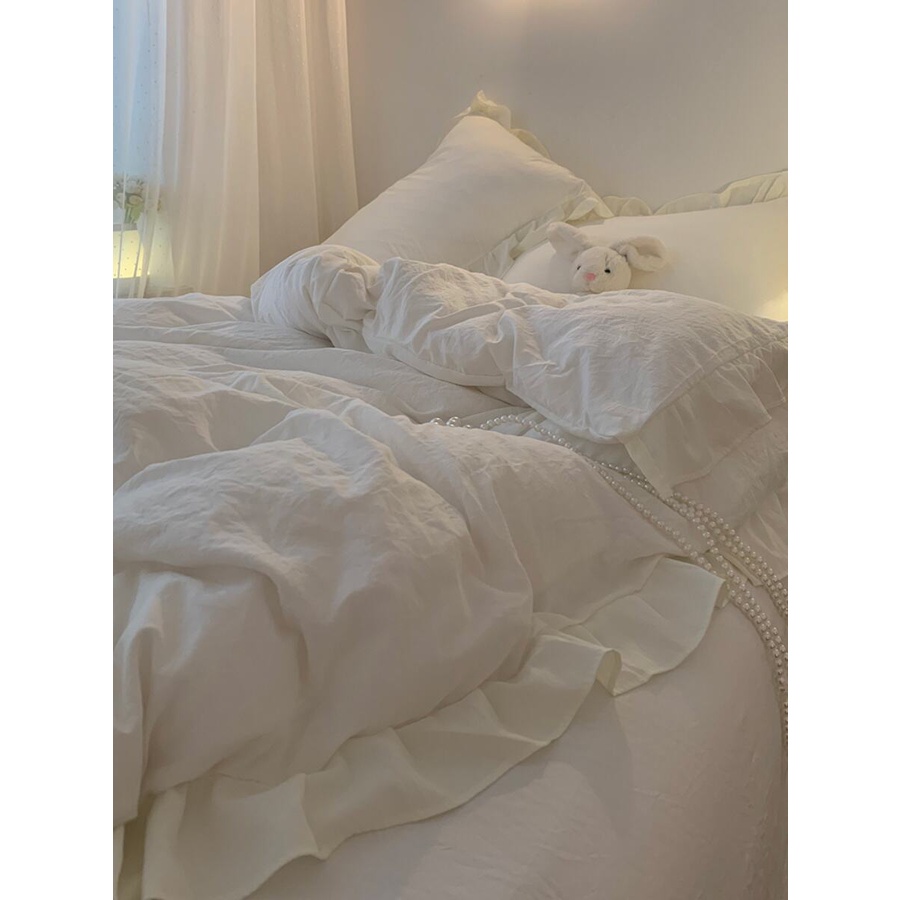 Ins Girlyy Bộ Chăn Ga Và Vỏ Gối cotton Màu Trắng Trái Tim Công Chúa feng Có Thể Giặt Được Cho Ký Túc Xá