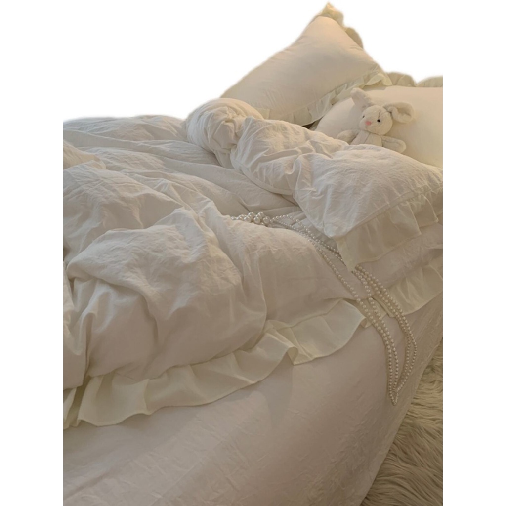 Ins Girlyy Bộ Chăn Ga Và Vỏ Gối cotton Màu Trắng Trái Tim Công Chúa feng Có Thể Giặt Được Cho Ký Túc Xá