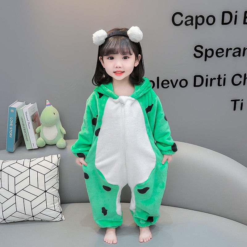 Bộ Đồ Ngủ Liền Thân Hình Chú Ếch Có Mũ Trùm Vải flannel Thời Trang Thu Đông Cho Bé Gái