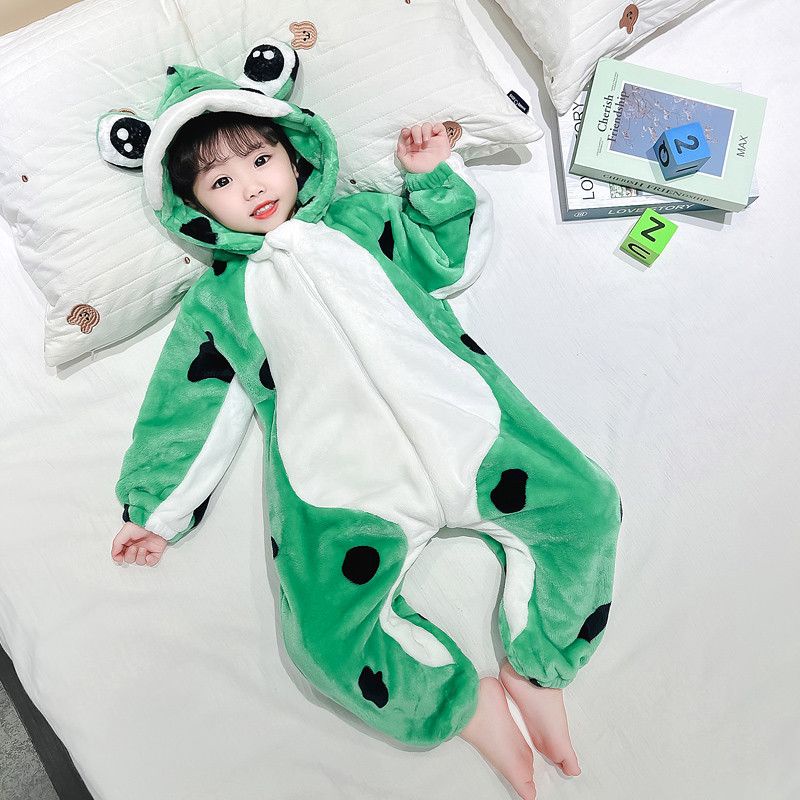 Bộ Đồ Ngủ Liền Thân Hình Chú Ếch Có Mũ Trùm Vải flannel Thời Trang Thu Đông Cho Bé Gái