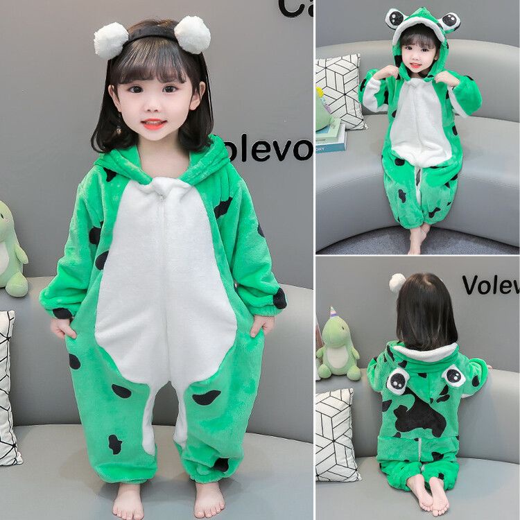Bộ Đồ Ngủ Liền Thân Hình Chú Ếch Có Mũ Trùm Vải flannel Thời Trang Thu Đông Cho Bé Gái
