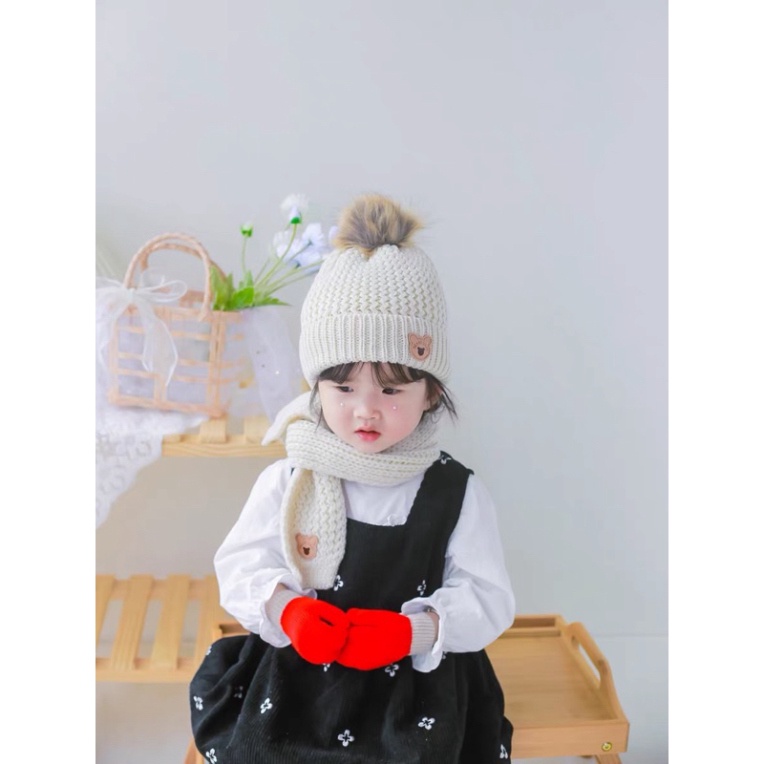 Set Mũ Len Kèm Khăn Choàng Gấu BABY🍀FREESHIP🍀Mũ Nón len quả bông cho bé kèm khăn cực xinh 1-7 tuổi.