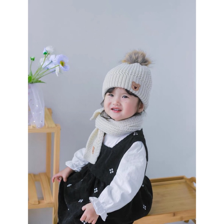Set Mũ Len Kèm Khăn Choàng Gấu BABY🍀FREESHIP🍀Mũ Nón len quả bông cho bé kèm khăn cực xinh 1-7 tuổi.
