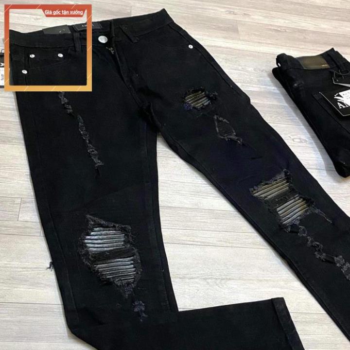 dd Quần AMIRI Đen Vá Gối Da Quần Jean Skinny màu đen gối vá họa tiết bản cao cấp co dãn 4 chiều hot trend 2023