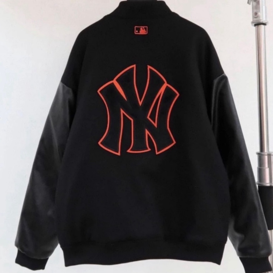 Áo Khoác Bomber NY Thêu Chữ Đỏ 2 Lớp Chất liệu Dày Dặn - Áo varsity jacket MLB NY vải nỉ dày dặn phối tay da đẹp 2023