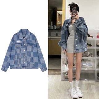 Áo khoác jeans JSC họa tiết sọc caro thêu chữ phong cách Hàn Quốc thời trang xuân thu cho nữ