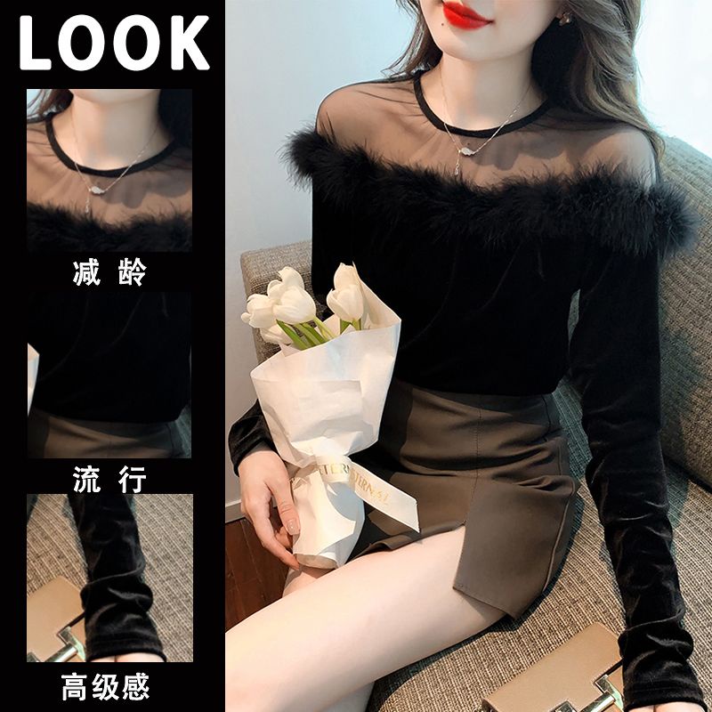 Jashucheng Áo Sơ Mi Vải Nhung Phối Lưới Cổ Lông Phong Cách retro Xuân Thu Quyến Rũ Cho Nữ