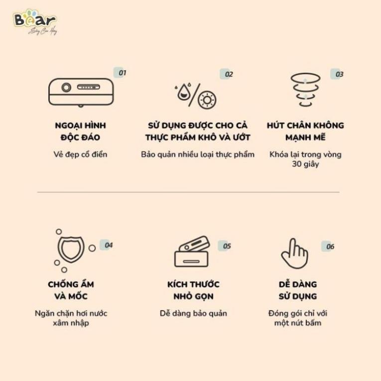 Máy Hút Chân Không Bear SB-CK95W -  Công Suất 95W- Bảo Quản Thực Phẩm Khô Đồ Ướt- Không Kén Thực Phẩm, BH 18T