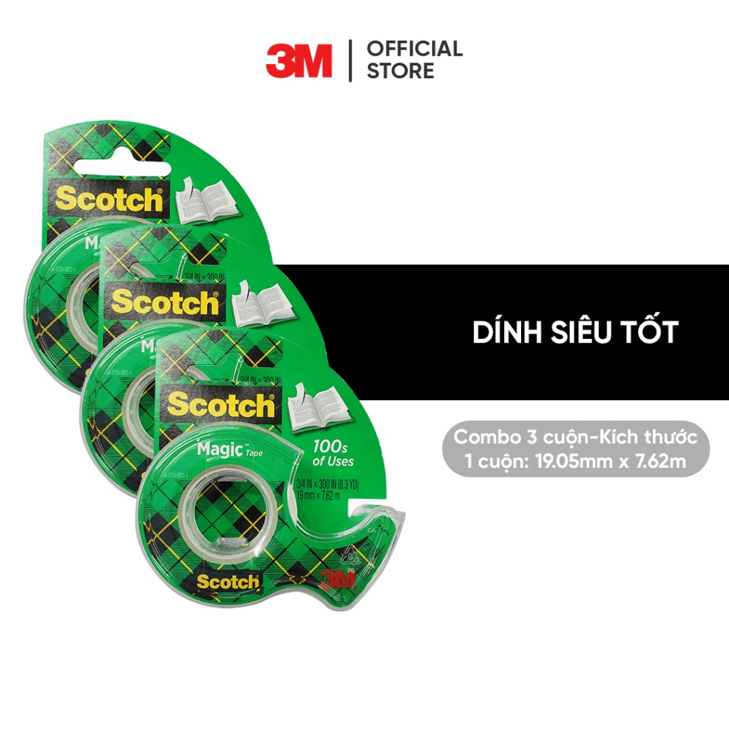 Combo 3 Băng keo kì diệu Scotch 3M 105 19.05mm x 7.62m-Trong suốt, dính siêu tốt,viết lên được,kéo nhẹ nhàng,cắt dễ dàng