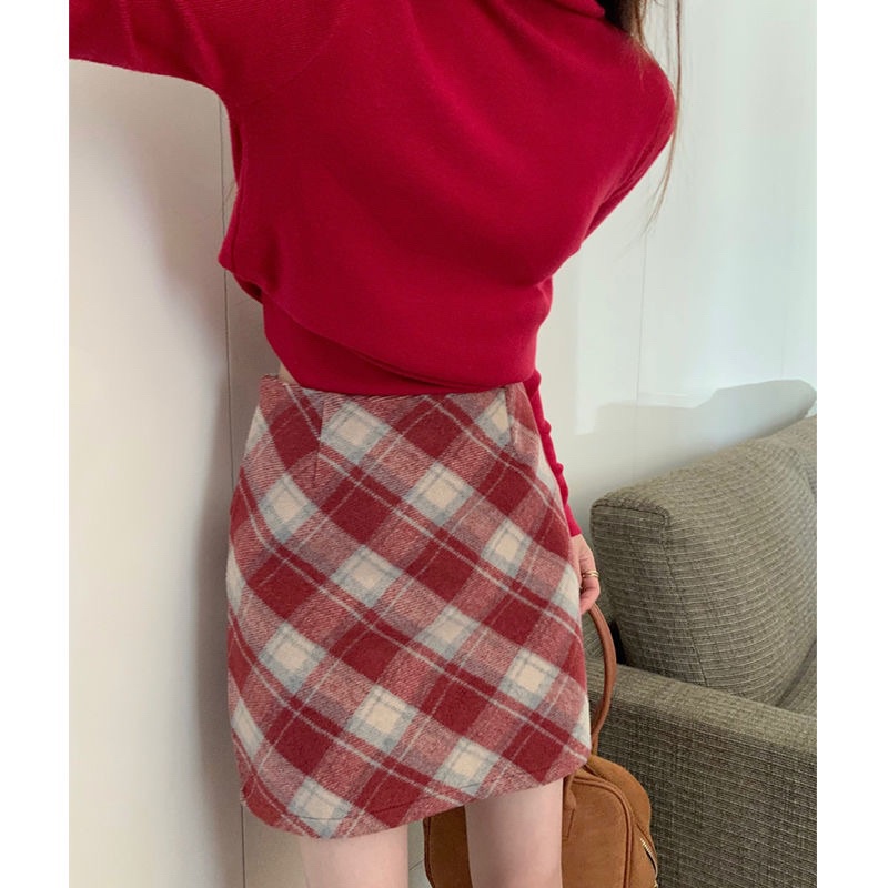Chân váy dạ ngắn chân váy chữ A dáng ngắn hoạ tiết kẻ caro chéo màu đỏ noel đủ size kéo khoá sau lưng