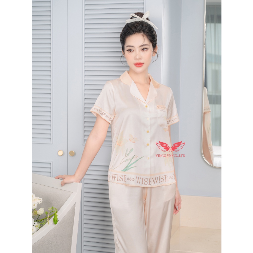 Đồ bộ mặc nhà Pijama lụa cao cấp mùa Thu Đông VINGO tay ngắn quần dài dáng suông hoa huệ tây H1007 VNGO