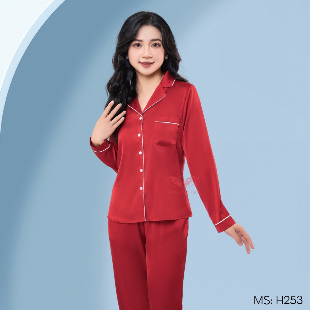 Bộ Pijama lụa mặc nhà cao cấp VINGO tay dài quần dài mùa Thu Đông H253 VNGO