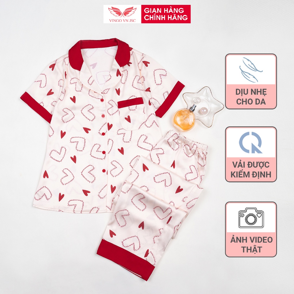 Pijama lụa bộ đồ ngủ mặc nhà cao cấp VINGO tay ngắn quần dài trái tim mùa Thu Đông H1062 VNGO