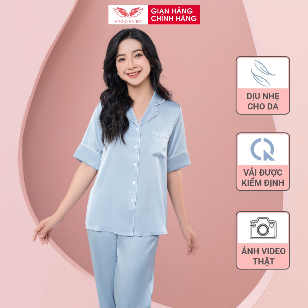 Pijama lụa bộ đồ ngủ mặc nhà cao cấp VINGO tay ngắn quần dài dáng suông mùa Thu Đông H1036 VNGO