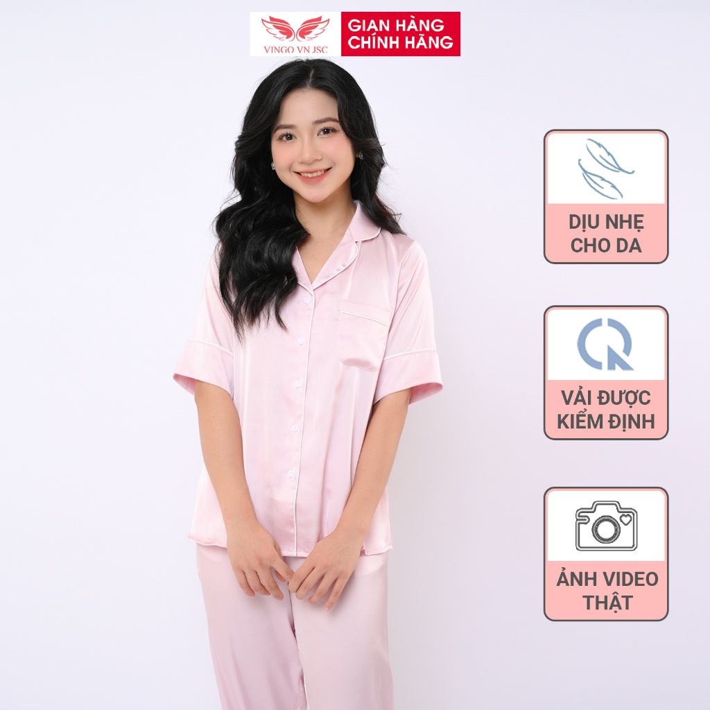 Pijama lụa bộ đồ ngủ mặc nhà cao cấp VINGO tay ngắn quần dài dáng suông mùa Thu Đông H1036 VNGO